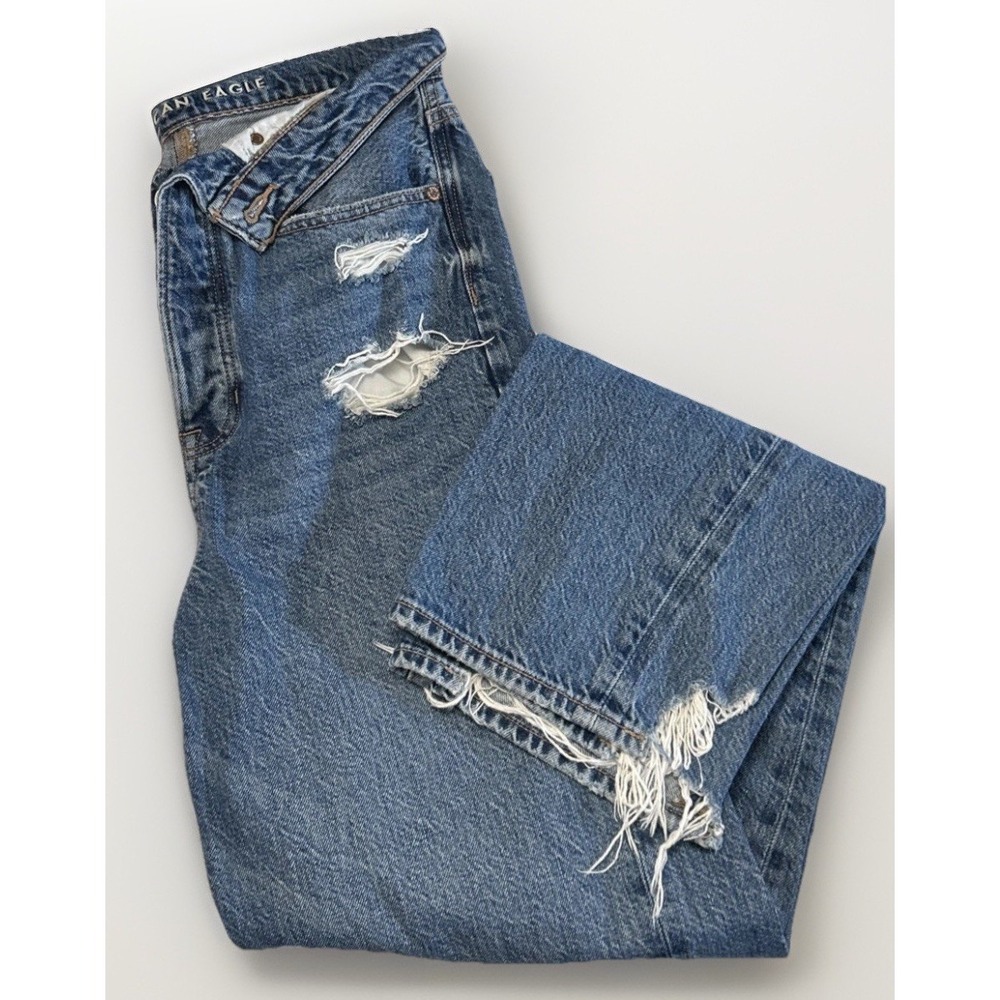 American Eagle Baggy Jeans Women's Distressed Cotton Denim Fold Over Waist Sz 6